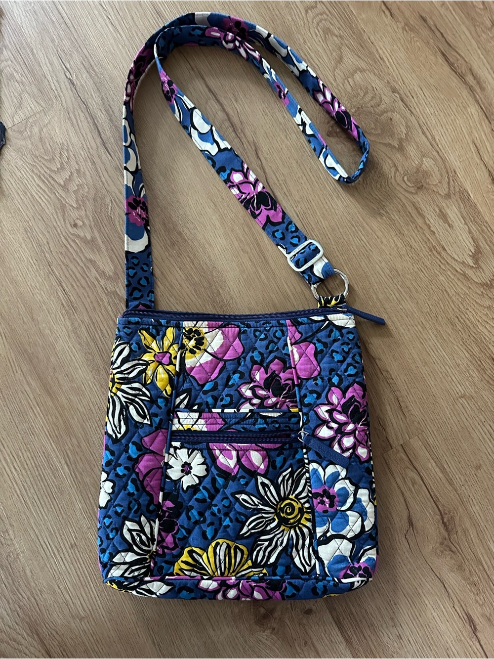 Vera Bradley Blue Floral Quilted Hipster Crossbody with Pink & Yellow Accents